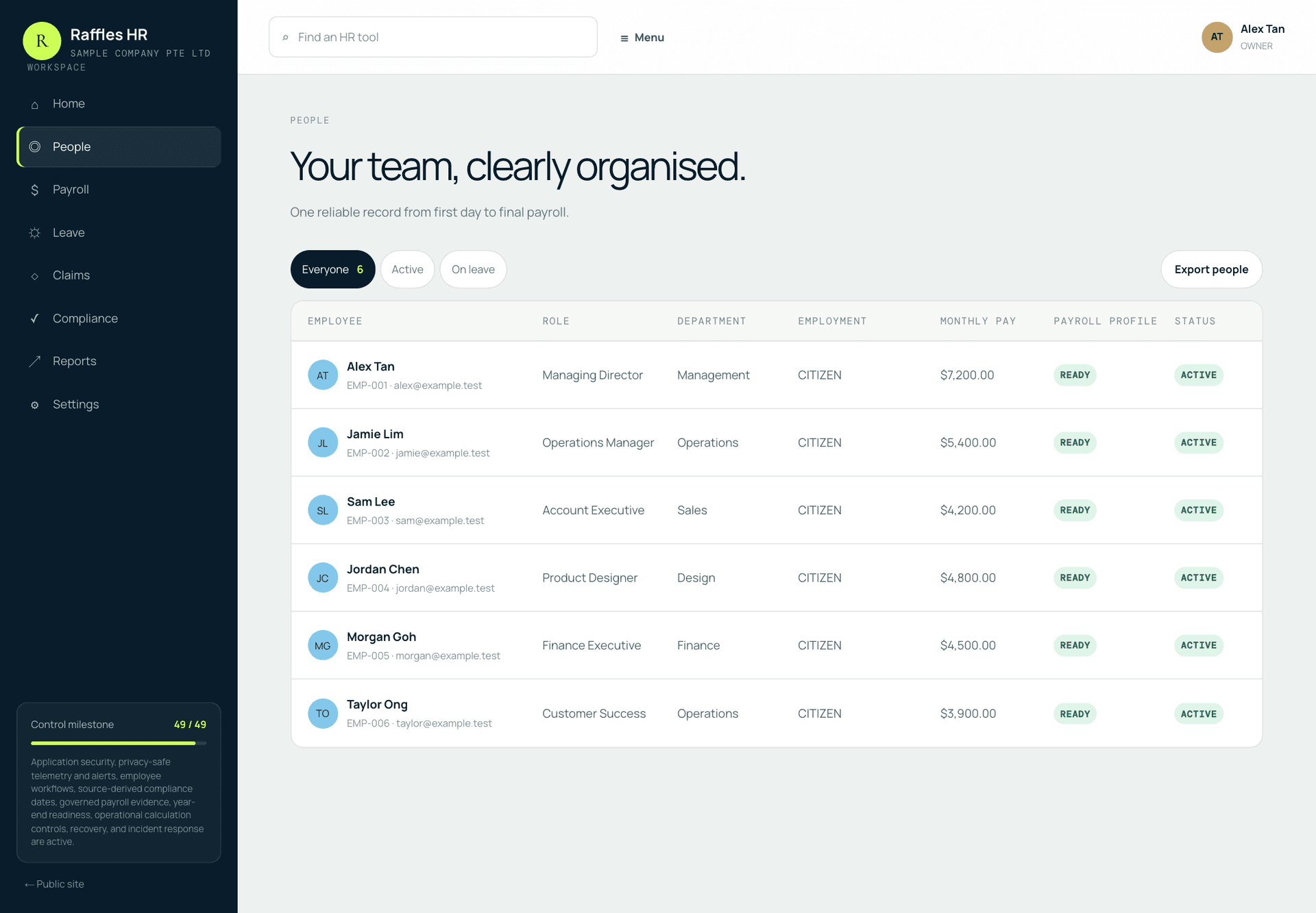 Raffles HR interface showcasing payroll calculations and employee leave