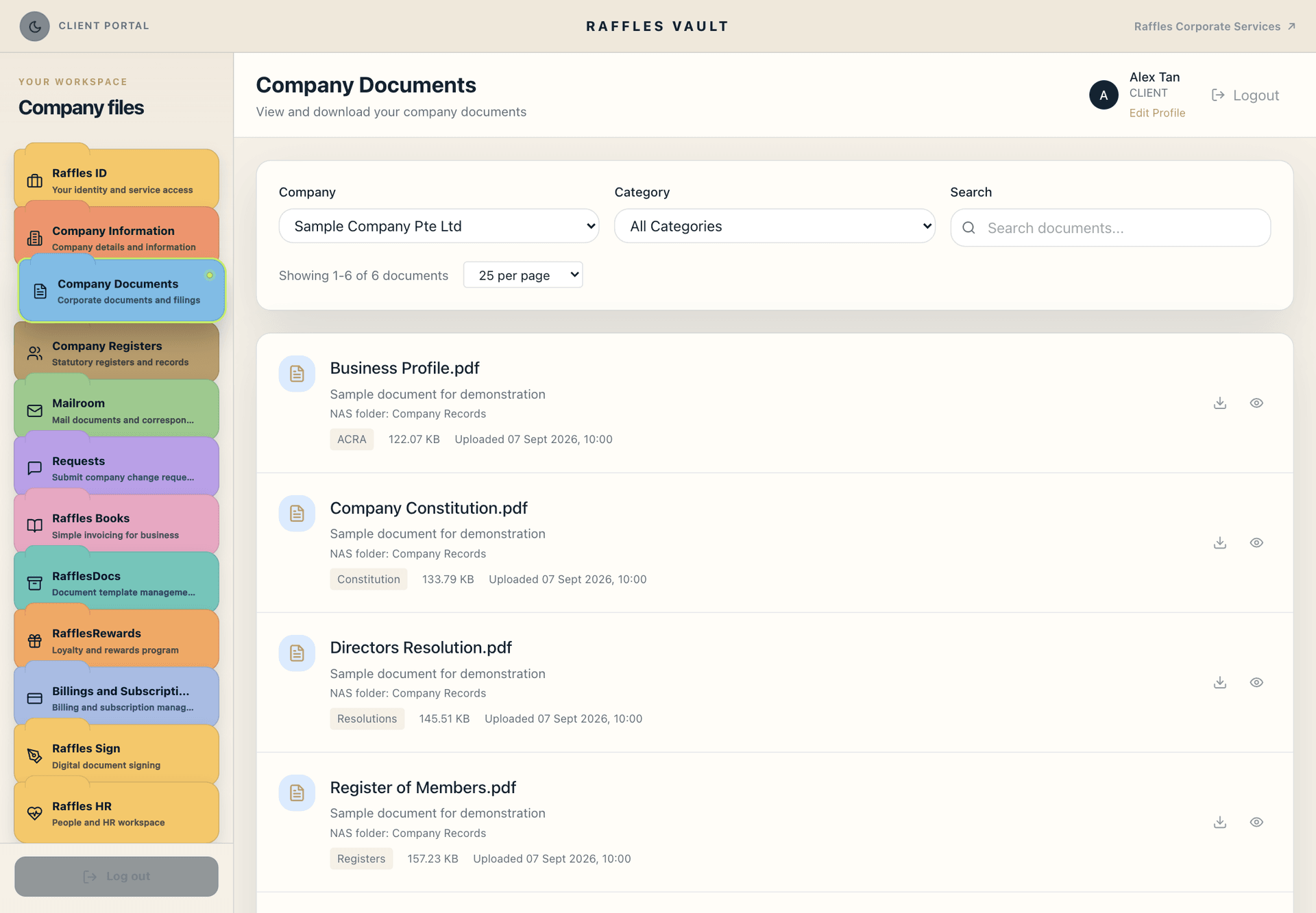 Raffles Vault secure document repository showing company profile, statutory registers, and e-filing records